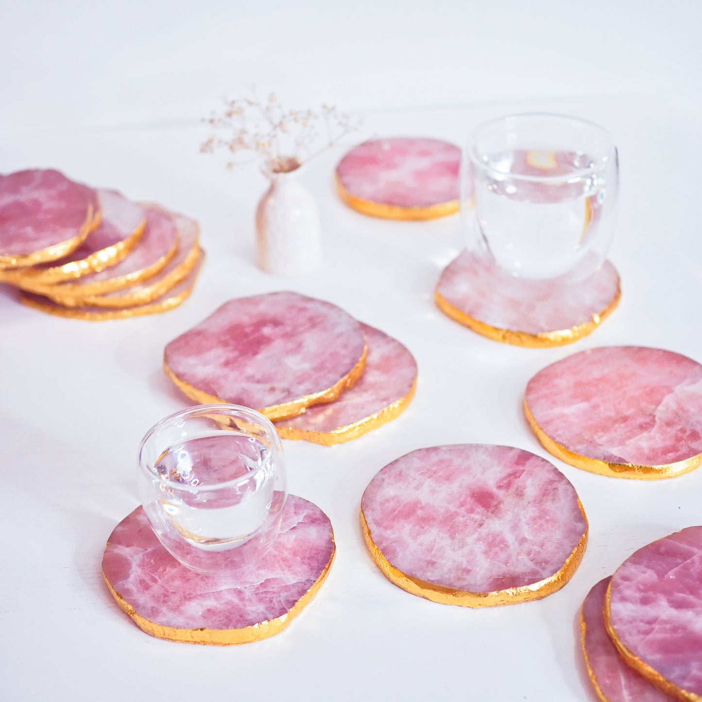 Rose Quartz with Gold Coasters